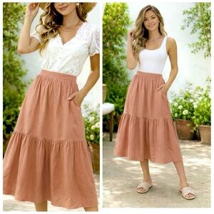 A NEW DAY RUST TERRACOTTA TIERED MIDI SKIRT W/ POCKETS BOHO COTTAGECORE